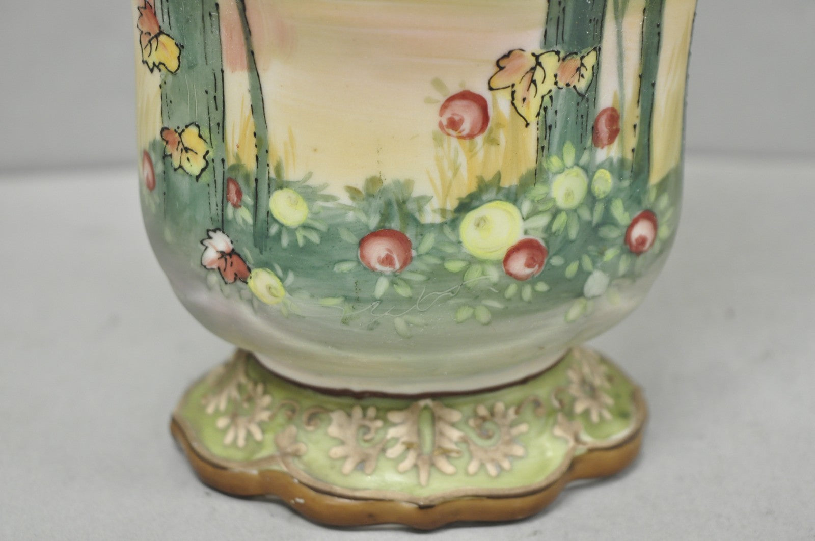Antique Nippon Hand Painted Porcelain Moriage Twin Handle Countryside Scene Vase