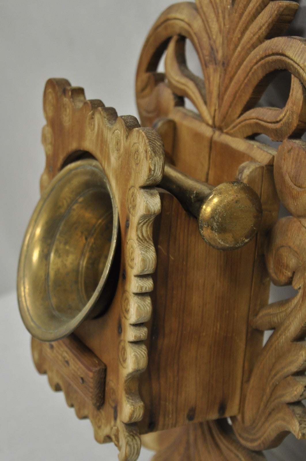 Antique Arts & Crafts Apothecary Wood Carving Wall Mounted Brass Mortar & Pestle