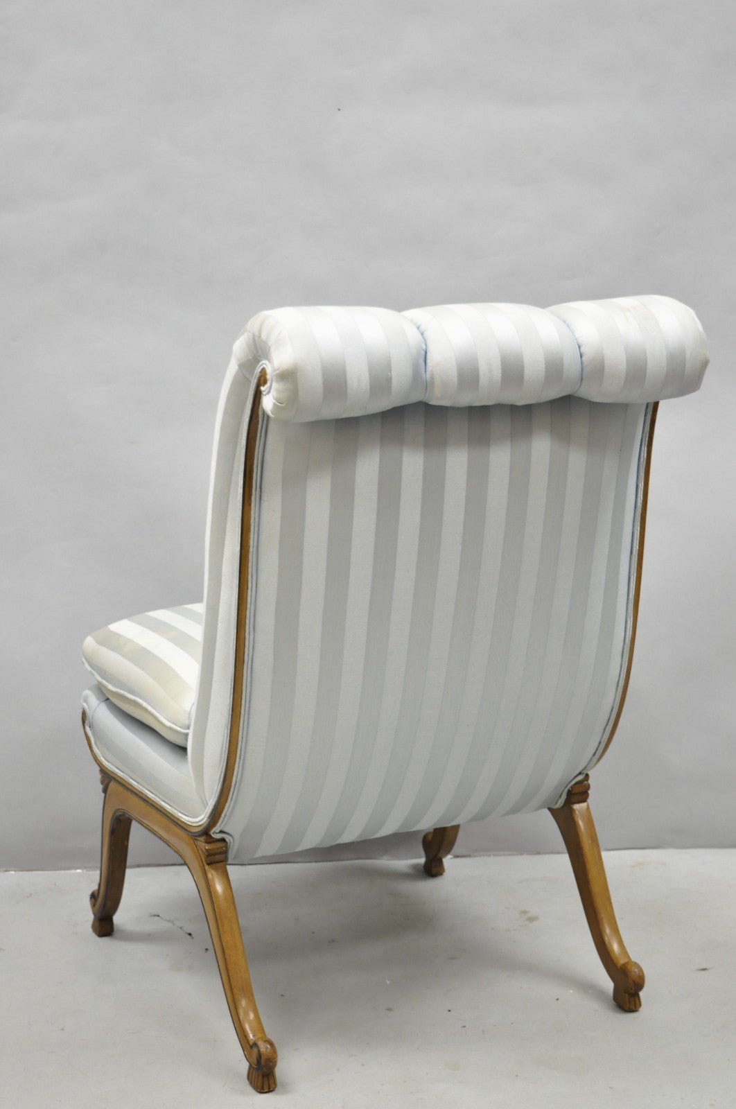 French Hollywood Regency Carved Walnut Rolled Back Slipper Lounge Chair - a Pair