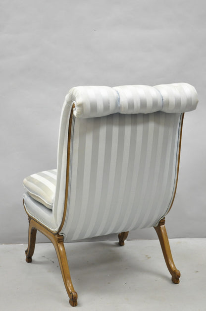 French Hollywood Regency Carved Walnut Rolled Back Slipper Lounge Chair - a Pair