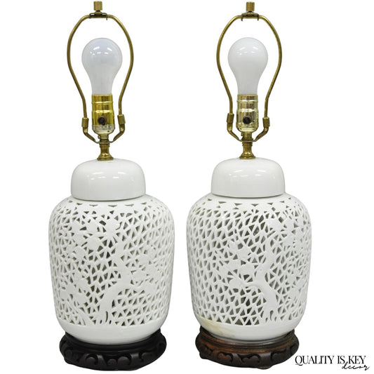 Chinoiserie White Blanc De Chine Porcelain Ginger Jar Oriental Table Lamp Pair
