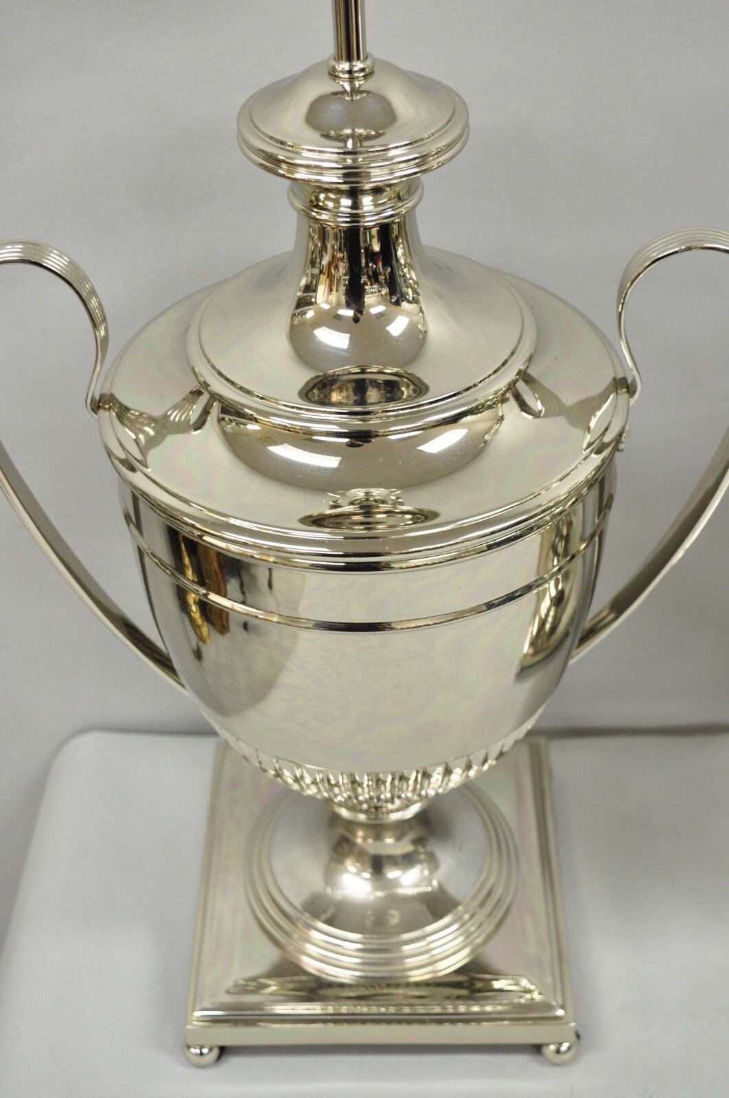 English Regency Style French Empire Silver Plated Large Urn Table Lamps - Pair