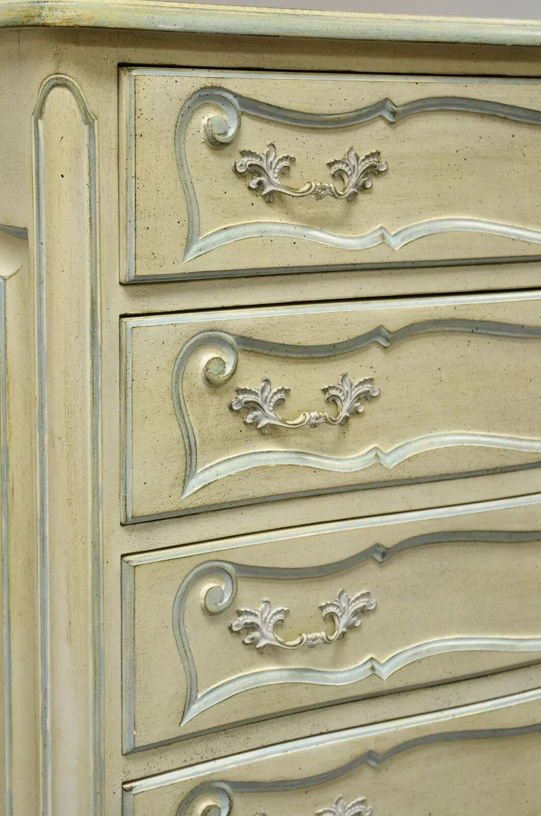 Vintage French Provincial Cream & Blue 9 Drawer Narrow 65" Tall Chest Dresser