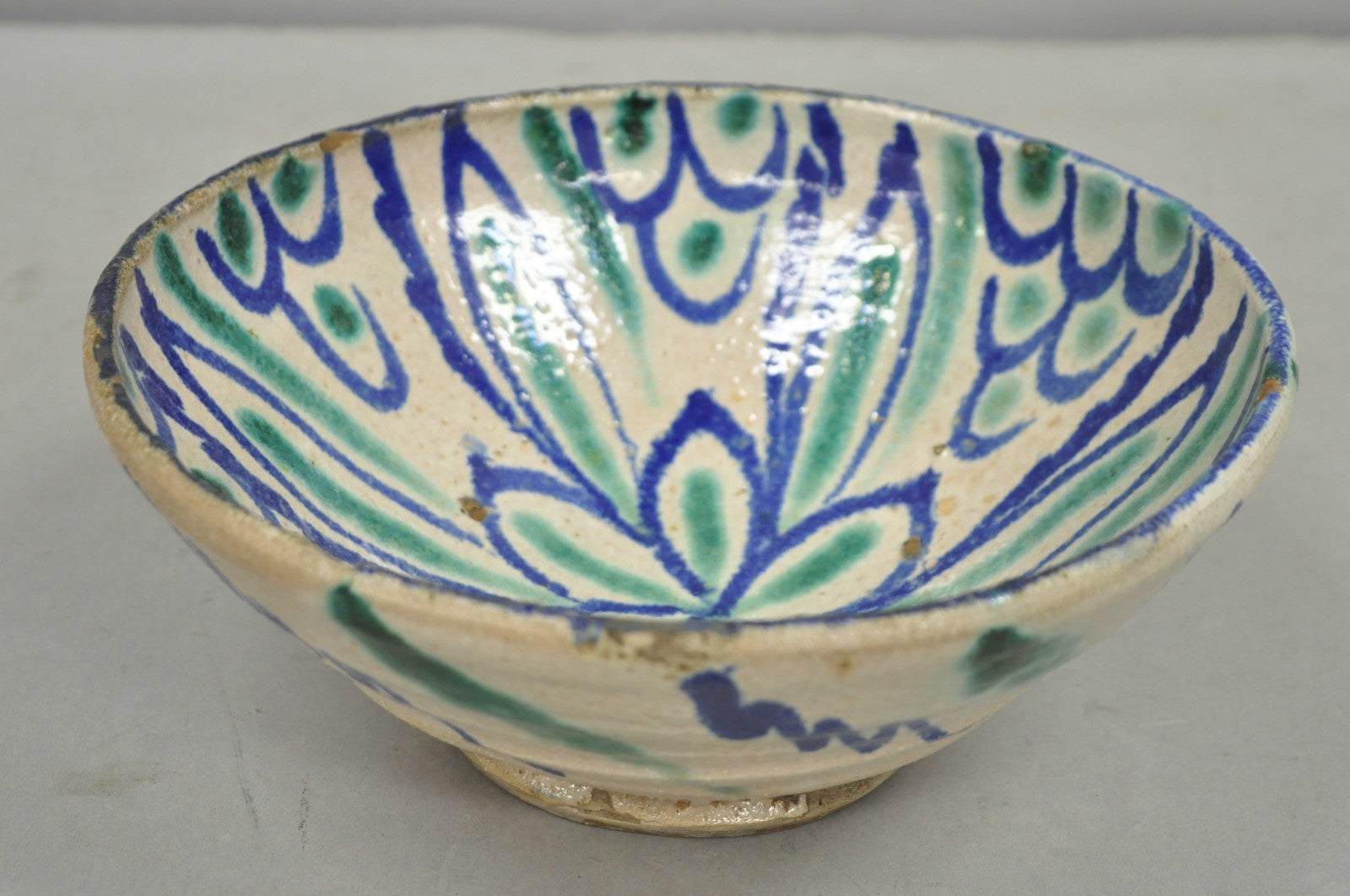 Antique Fajalauza Enamel Spanish Terracotta Pottery Blue Green Painted Bowl
