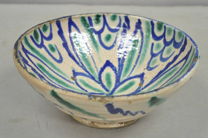 Antique Fajalauza Enamel Spanish Terracotta Pottery Blue Green Painted Bowl