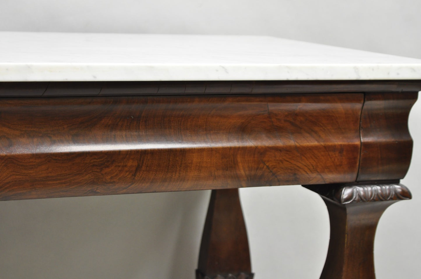 Antique French Empire Mahogany White Marble Top Console Hall Table w/ Drawer