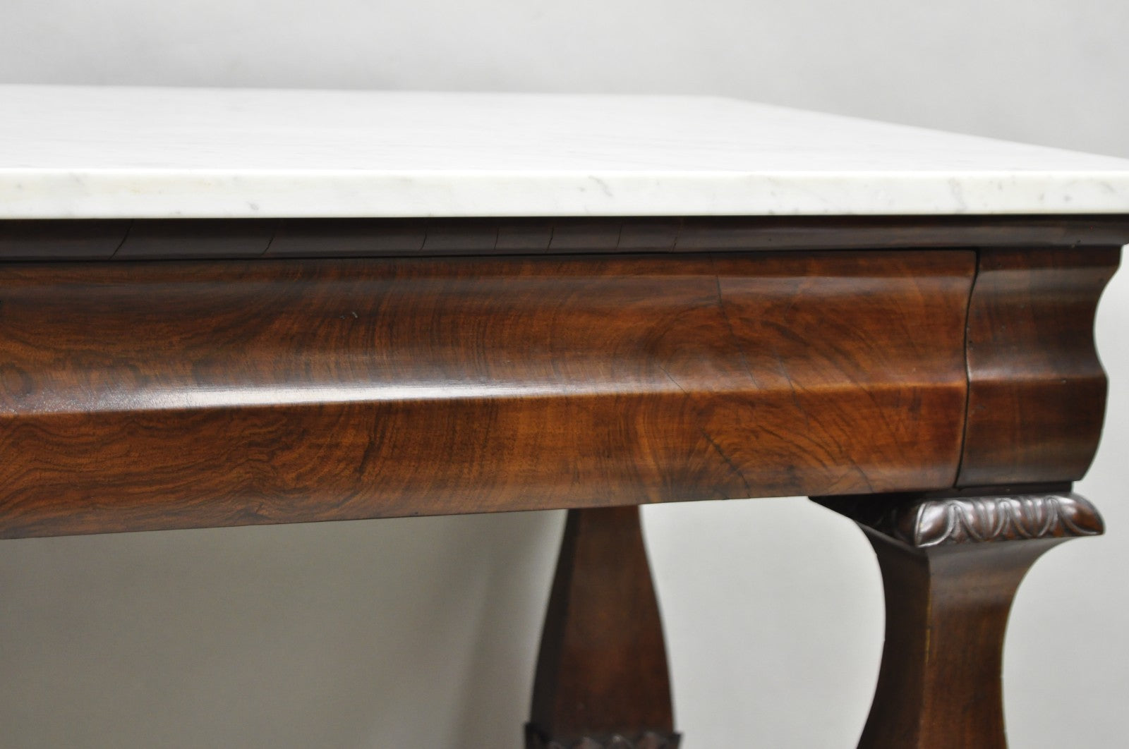 Antique French Empire Mahogany White Marble Top Console Hall Table w/ Drawer