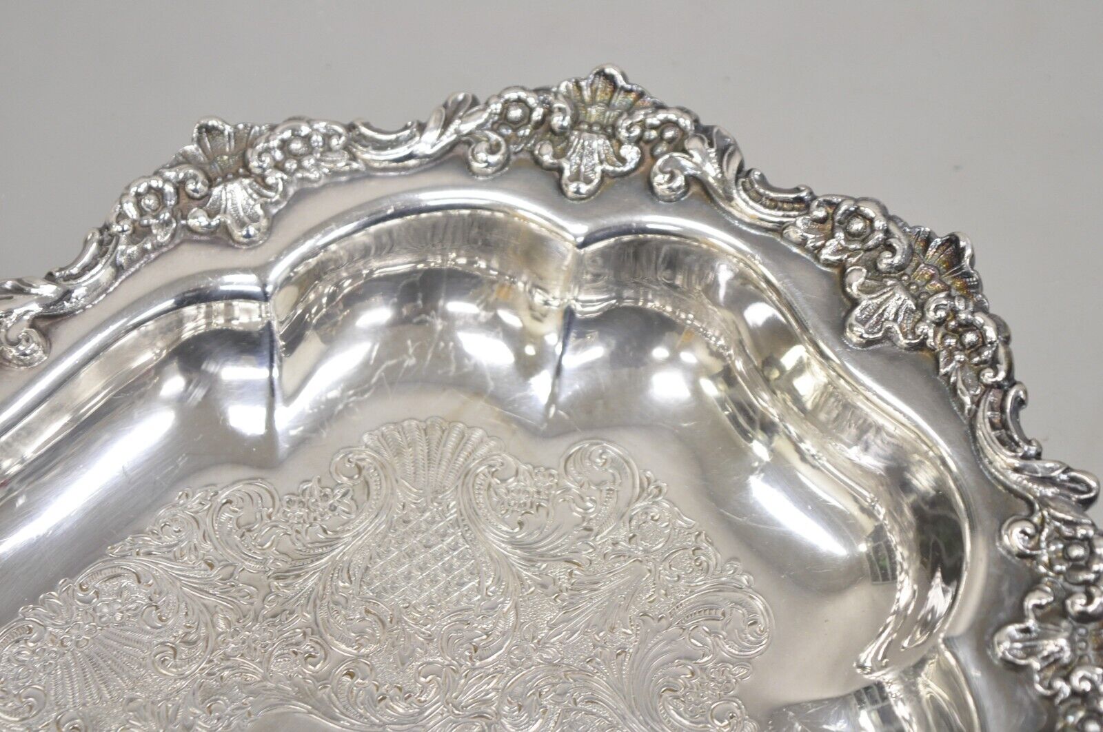 Vintage English Victorian Oval Silver Plated Ornate Scalloped Trinket Dish Tray