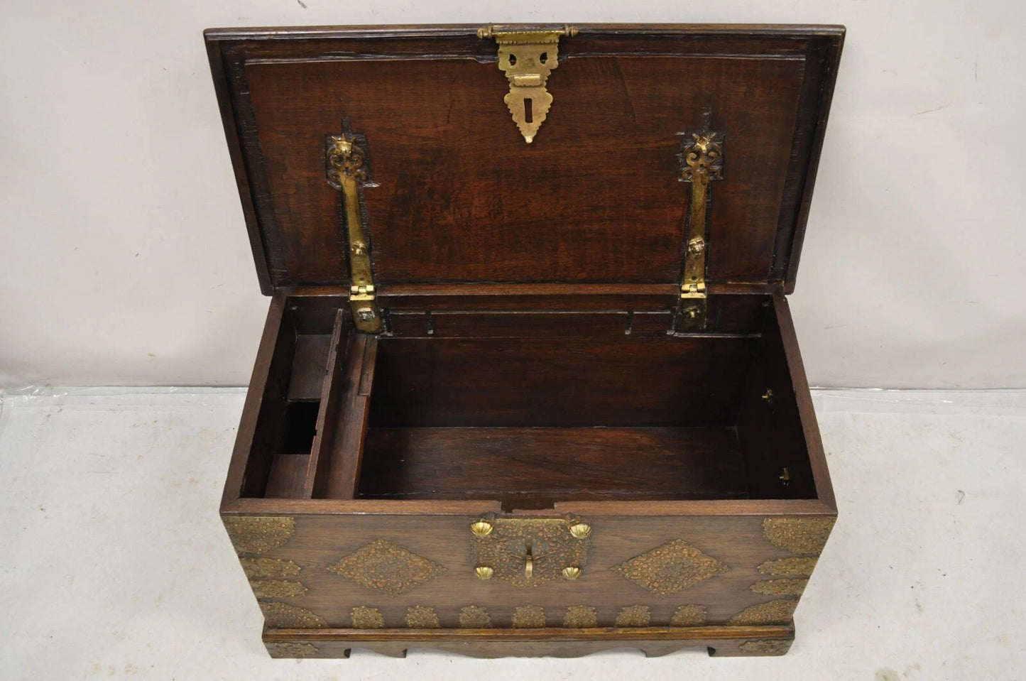 Antique Anglo Indian Oak Wood & Brass Mounted Syrian Coffer Blanket Chest Trunk