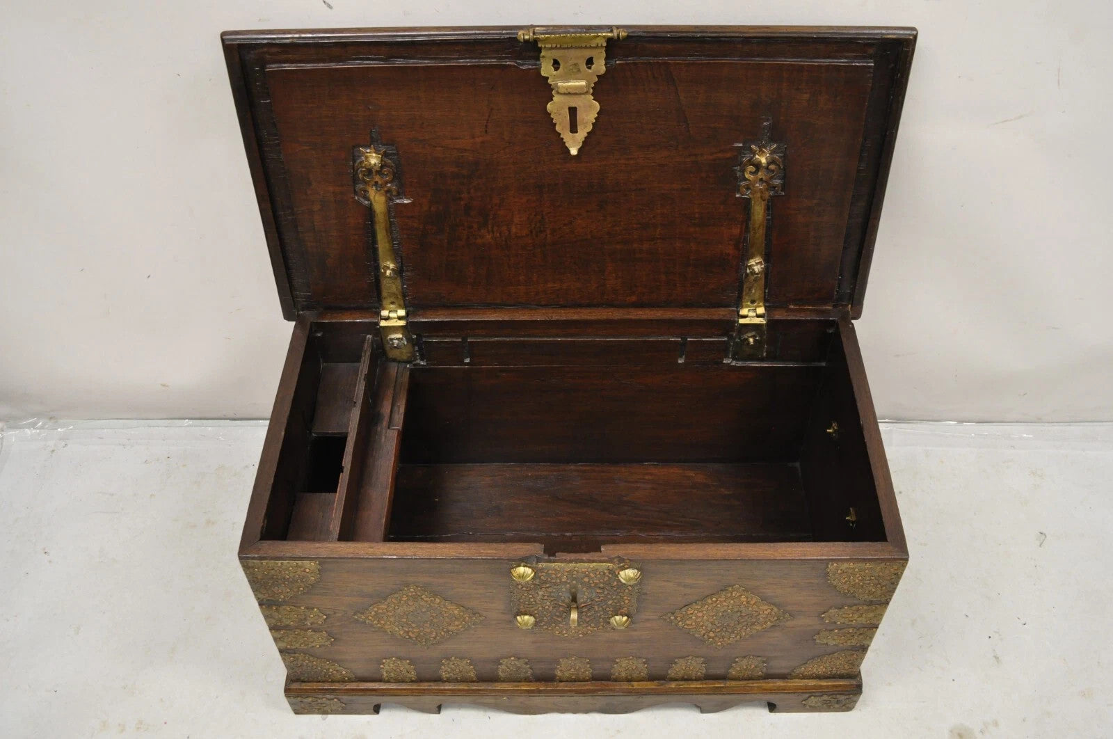 Antique Anglo Indian Oak Wood & Brass Mounted Syrian Coffer Blanket Chest Trunk