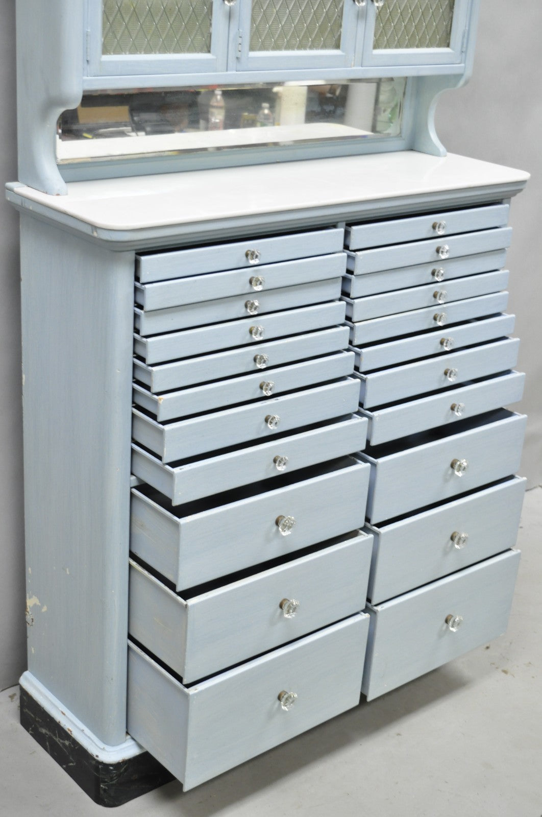 Antique Art Deco Medical Dental Cabinet Blue Painted w/Mirror and 22 Drawers
