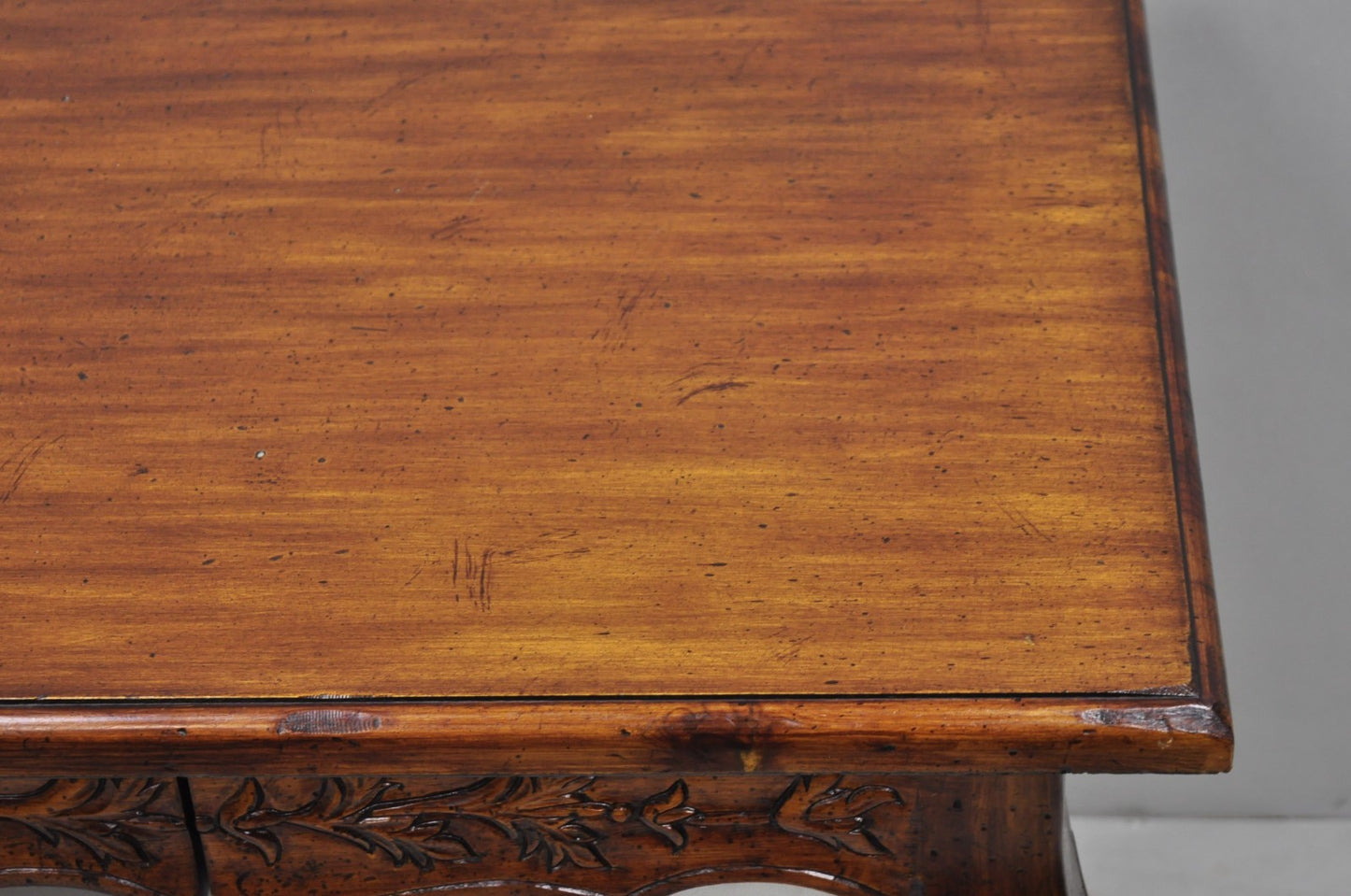 Vintage French Country Pine Wood Distress Floral Carved 1 Drawer Writing Desk