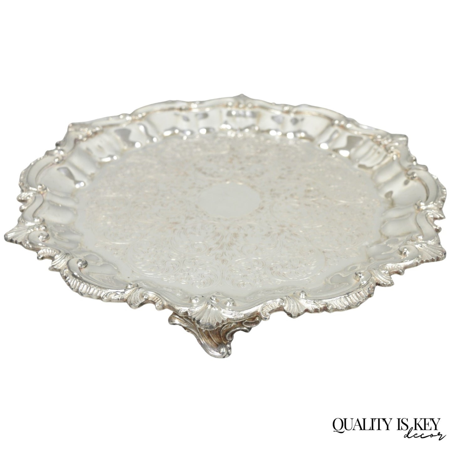 Vintage SBEP Victorian Silver Plated Round Scalloped Salver Bar Tray Platter