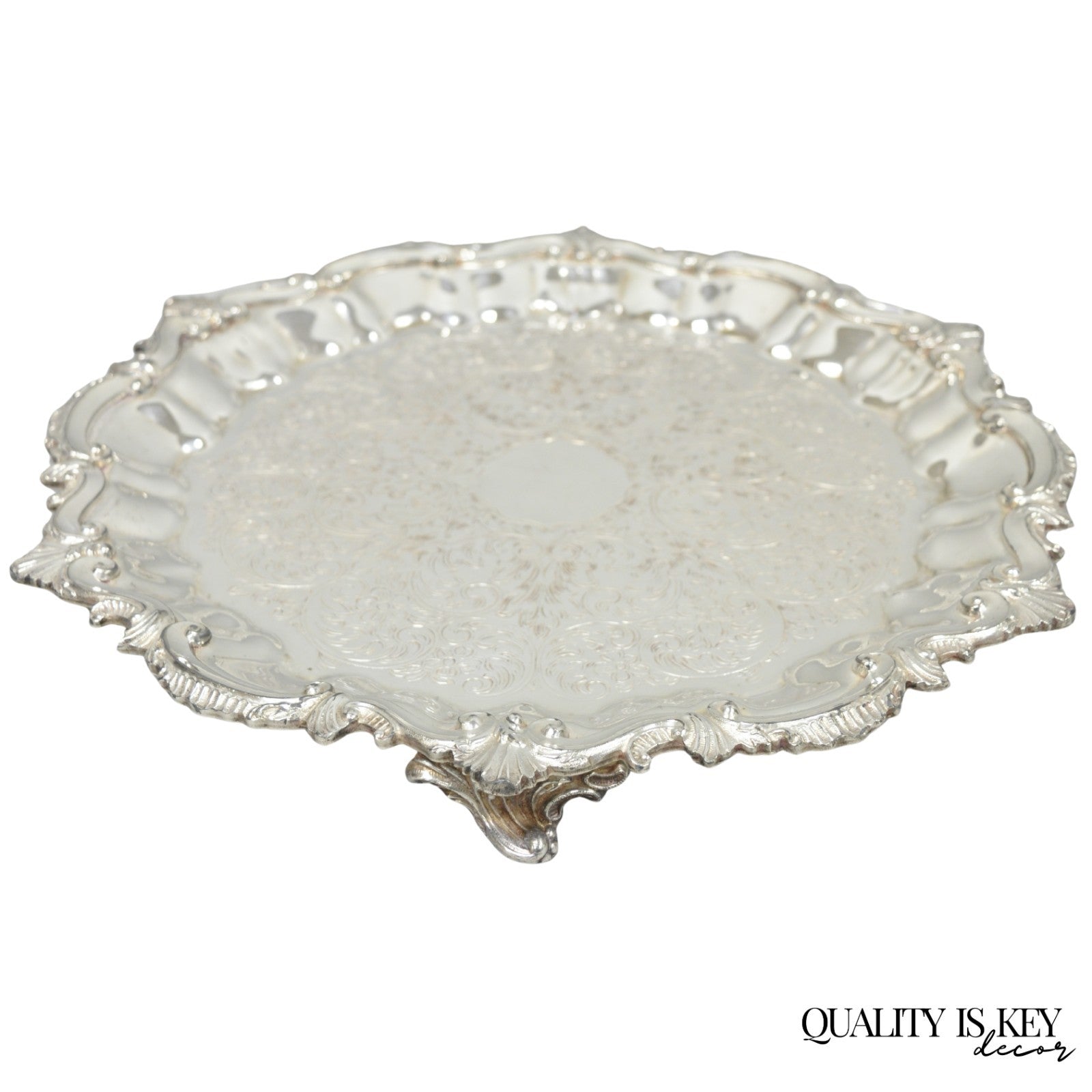 Vintage SBEP Victorian Silver Plated Round Scalloped Salver Bar Tray Platter