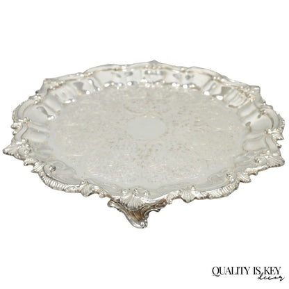 Vintage SBEP Victorian Silver Plated Round Scalloped Salver Bar Tray Platter