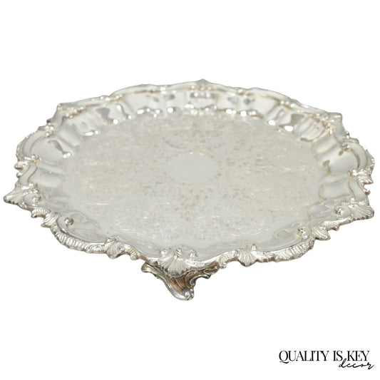 Vintage SBEP Victorian Silver Plated Round Scalloped Salver Bar Tray Platter