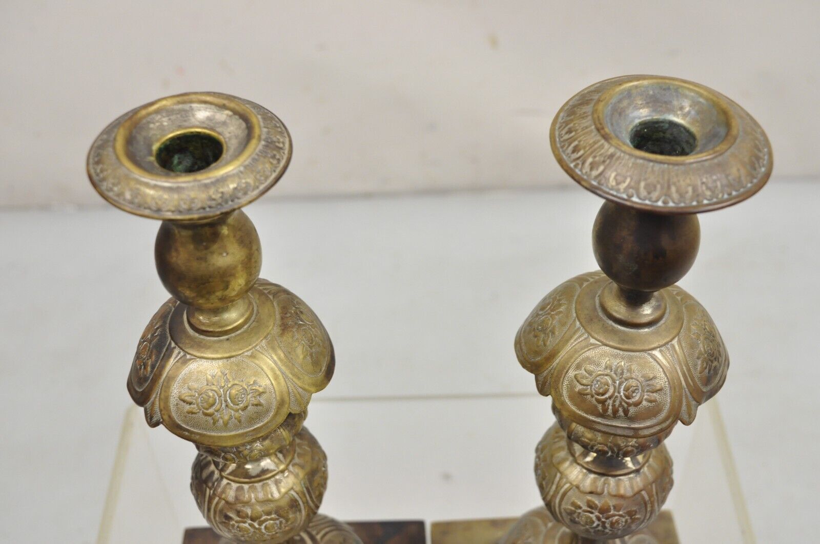 Antique Fraget N Plaque Renaissance Sabbath Brass Gilt Candlesticks - A Pair