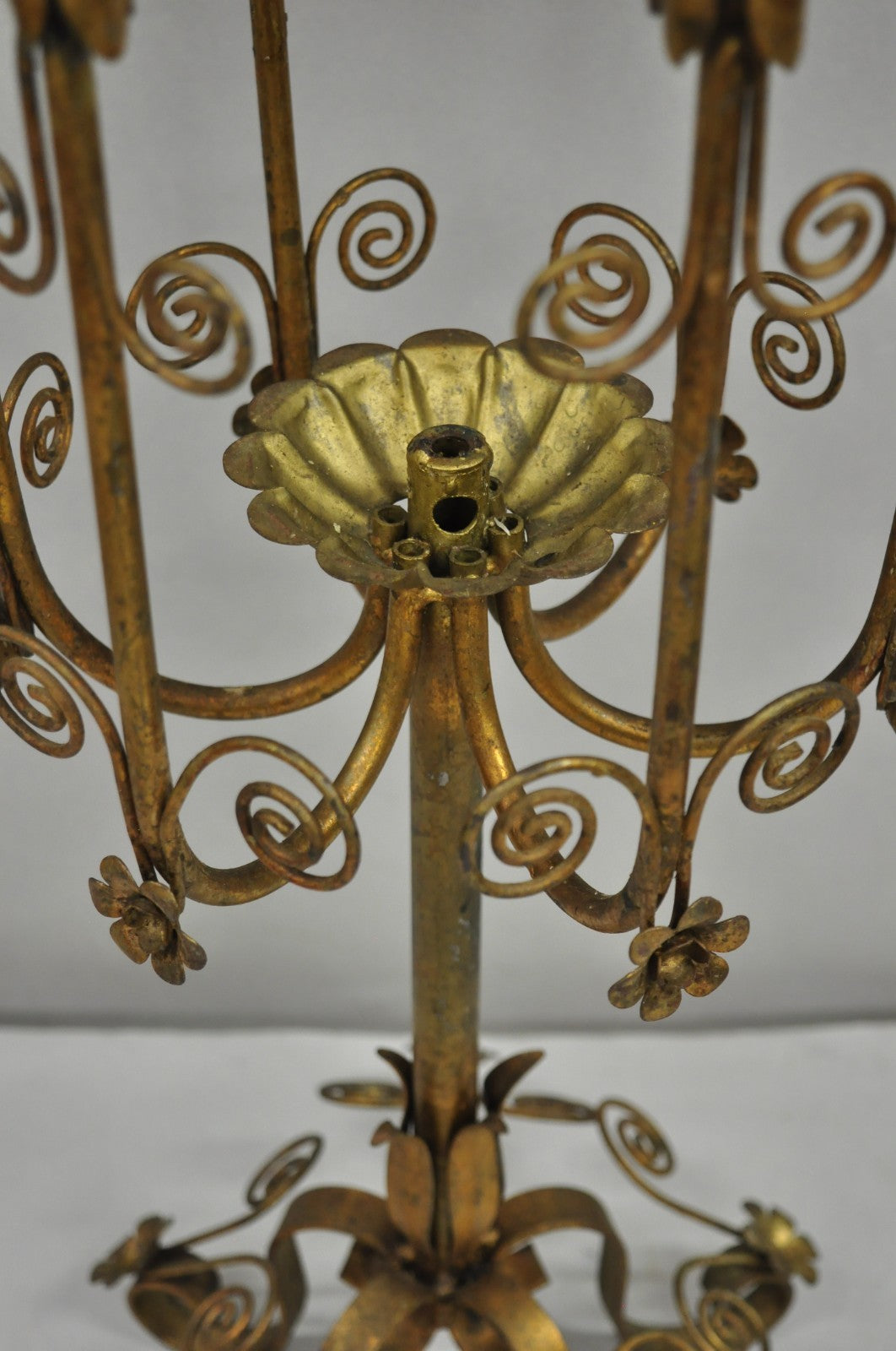 Vintage Italian Hollywood Regency Gold Gilt Iron Scrolling 6 Arm Candelabra