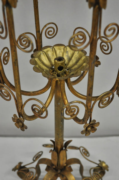 Vintage Italian Hollywood Regency Gold Gilt Iron Scrolling 6 Arm Candelabra