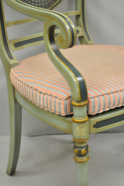 Smith & Watson Regency Adams Style Green Painted Cane Arm Chairs - a Pair