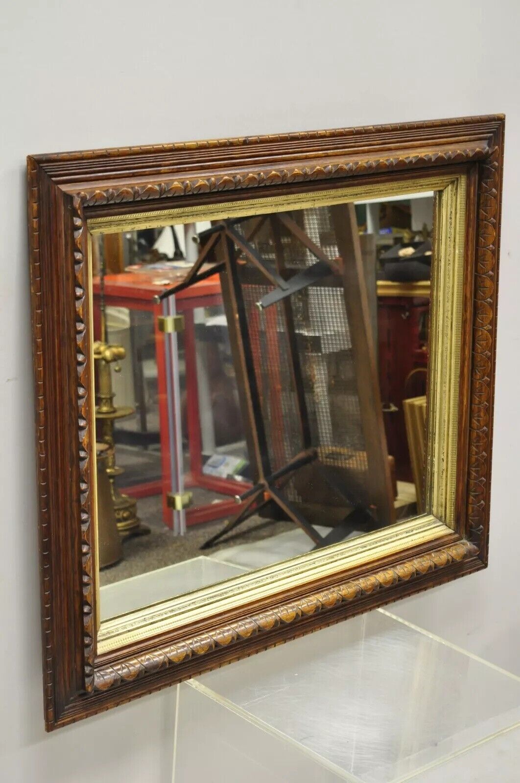 19th C American Victorian Hand Carved Oak Wood Gold Gilt Shadow Box Wall Mirror