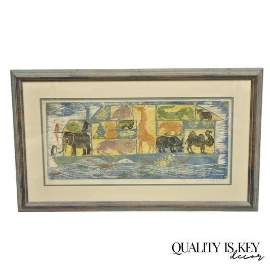 Vintage Helen Siegl "Noah's Ark" 1958 Woodcut Print Framed Mid Century Art
