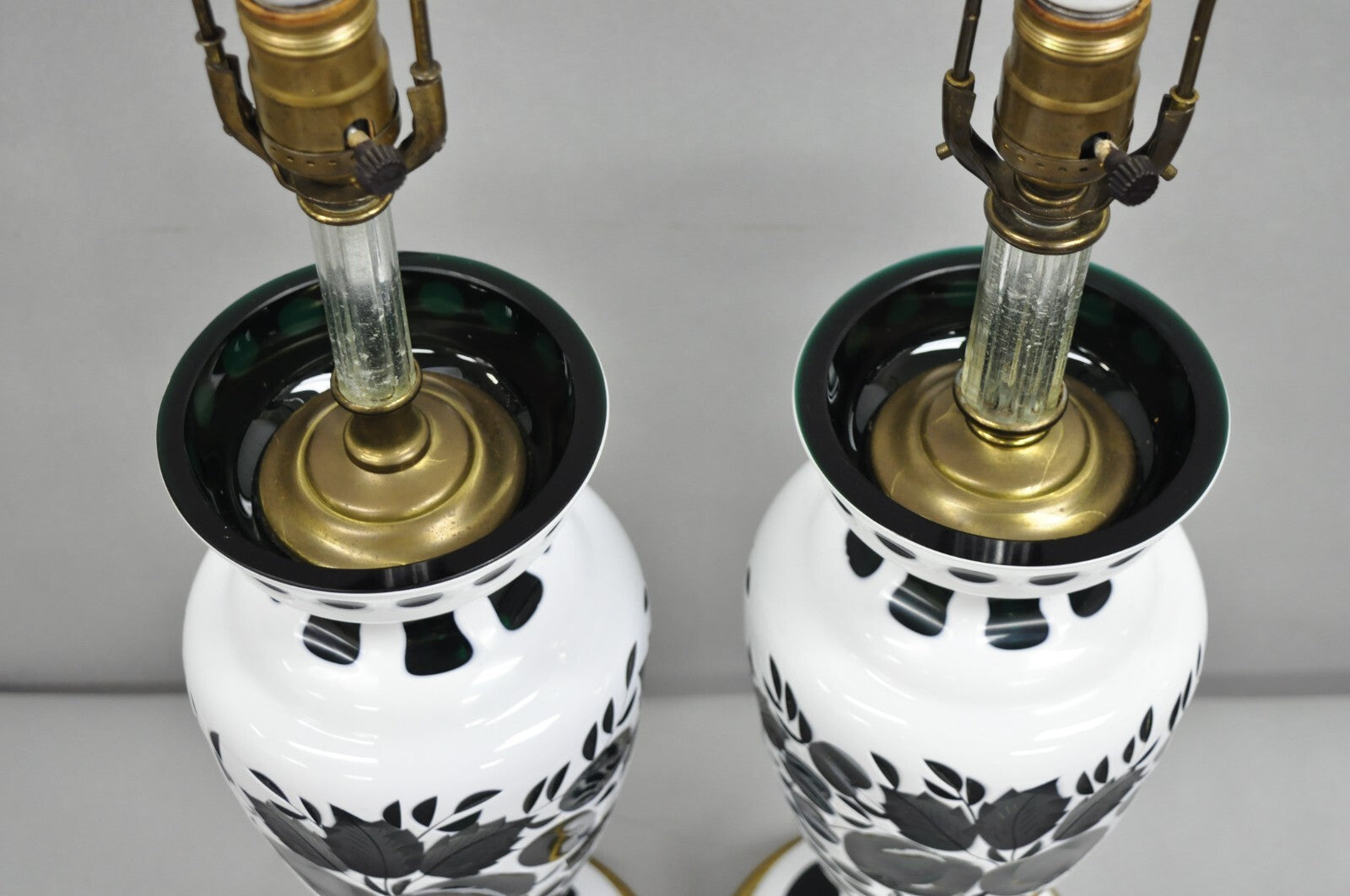 Antique Bohemian Green & White Fruit Harvest Czechoslovakian Table Lamps - Pair