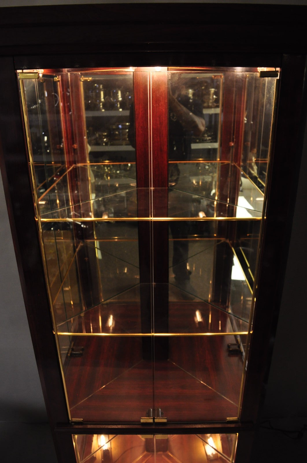 Contemporary Faux Cherry Wood Mirror Glass Corner Curio Display Case Cabinet