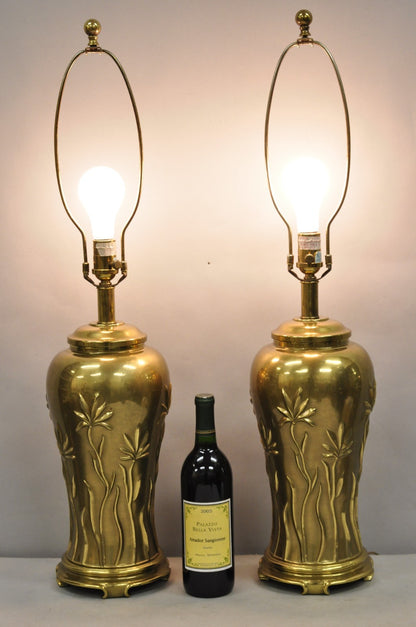 Vintage Ethan Allen Brass Jardiniere Tulip Flower Chinoiserie Table Lamps a Pair