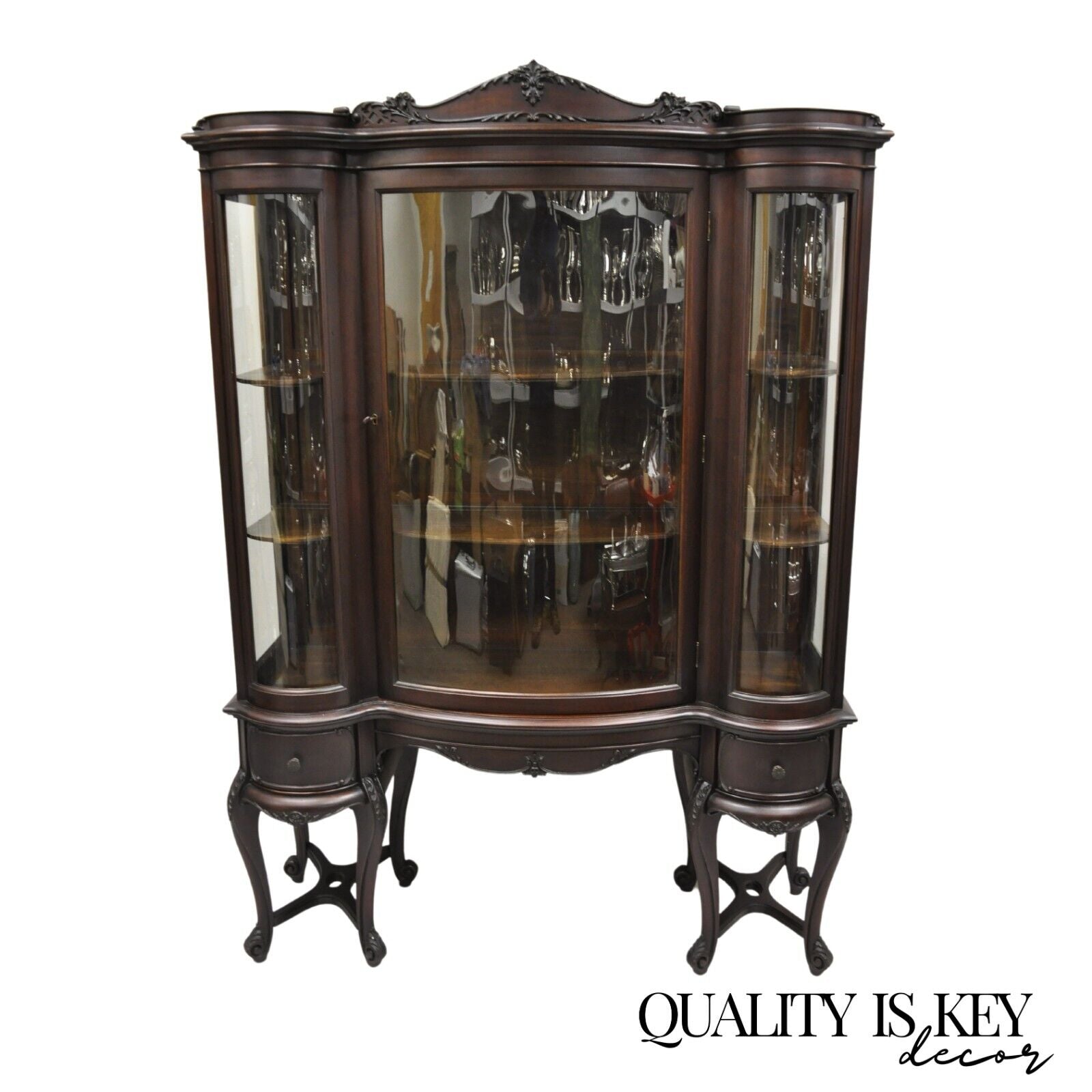 Antique French Renaissance Dark Walnut Triple Bowed Glass China Cabinet