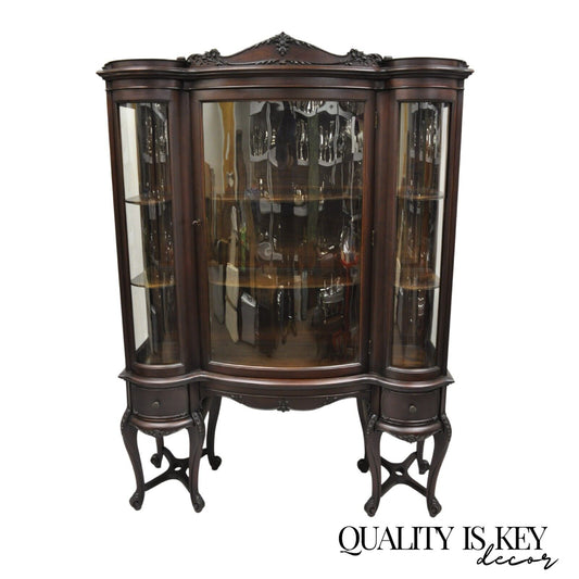 Antique French Renaissance Dark Walnut Triple Bowed Glass China Cabinet