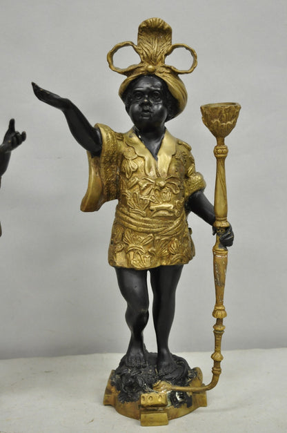 Vintage Moorish Venetian Blackamoor Figural Bronze Candelabra Candle Holder Pair
