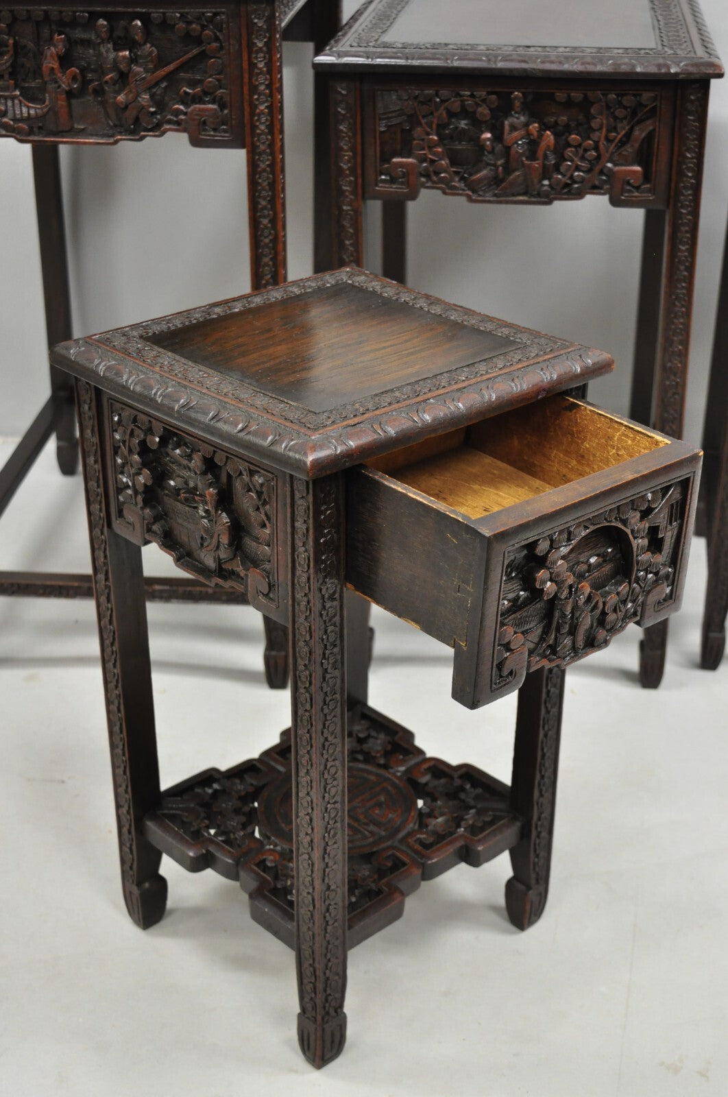 Antique Chinese Carved Rosewood Figural Nesting Side Tables w/ Drawer - 4 Pcs