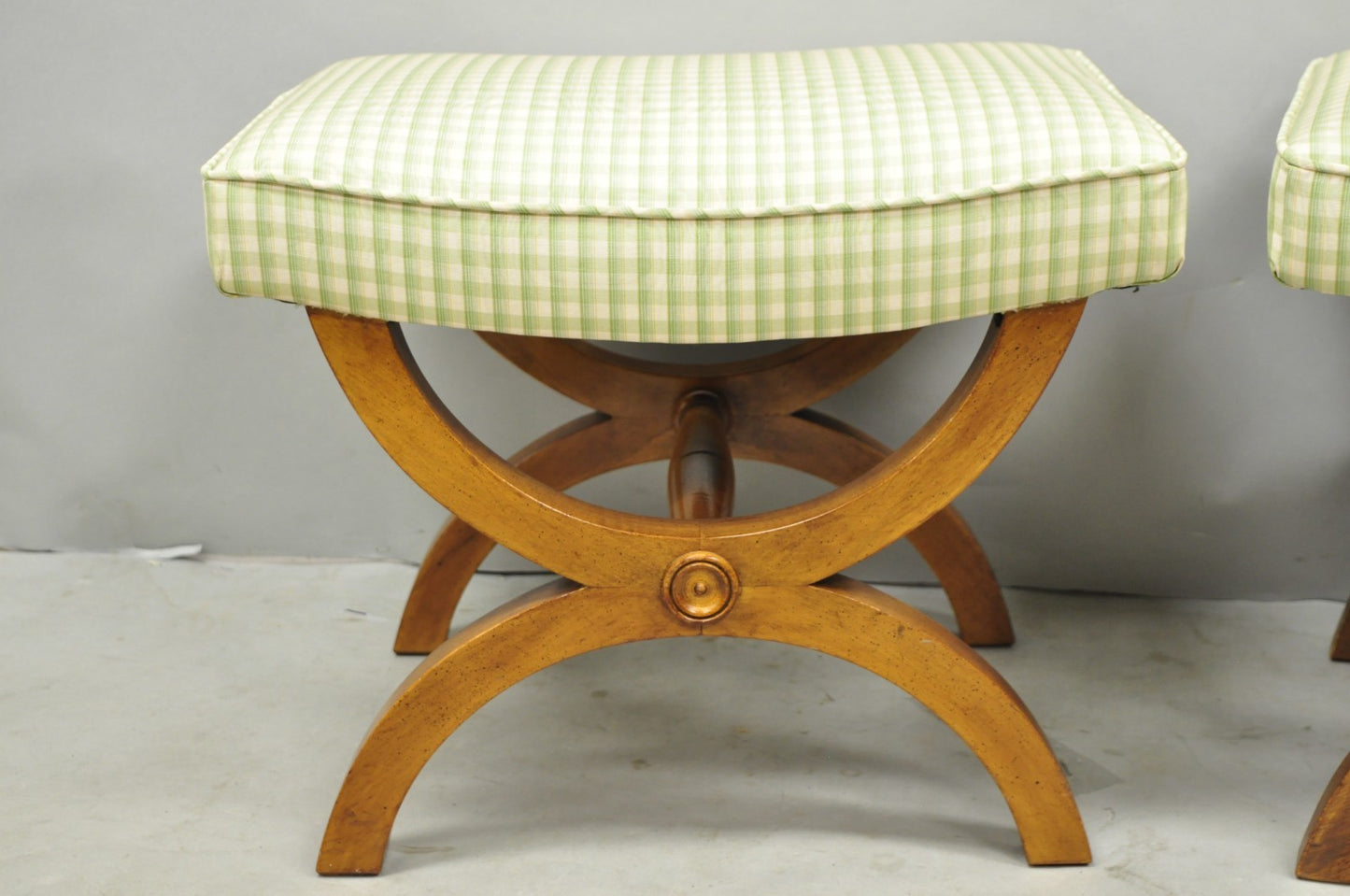 Vintage Italian Neoclassical Style Walnut Wood Curule X-Form Stool - a Pair