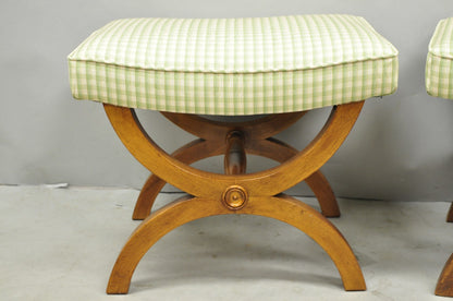 Vintage Italian Neoclassical Style Walnut Wood Curule X-Form Stool - a Pair
