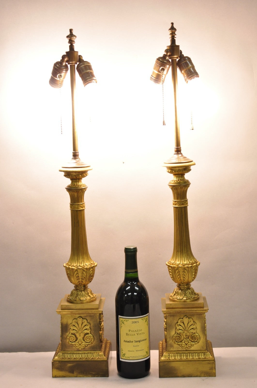 Antique French Empire Neoclassical Bronze Candlestick Column Table Lamps a Pair