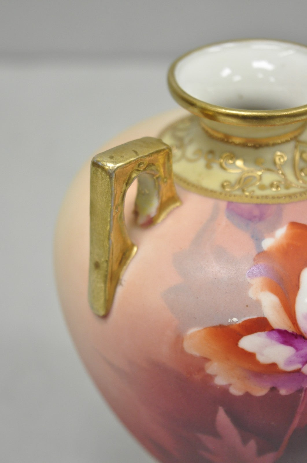 Antique Nippon Hand Painted Porcelain Small Pink Floral Vase w Gold Twin Handles