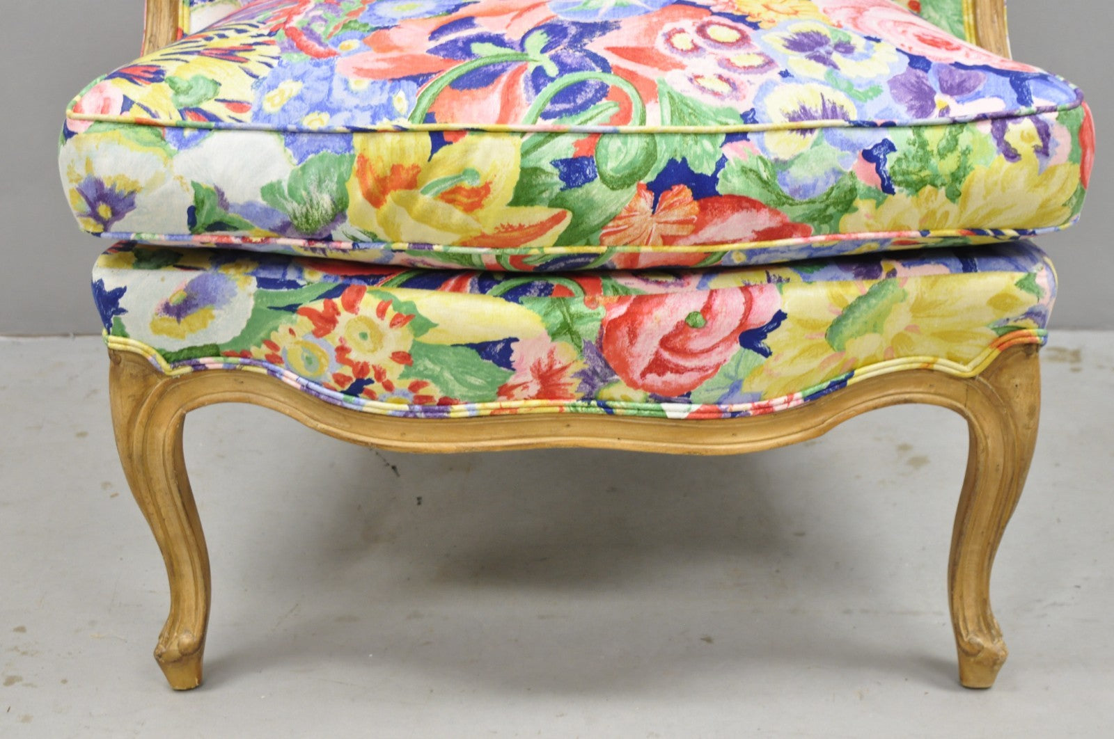 Vintage French Louis XV Country Provincial Floral Chintz Bergere Lounge Chair