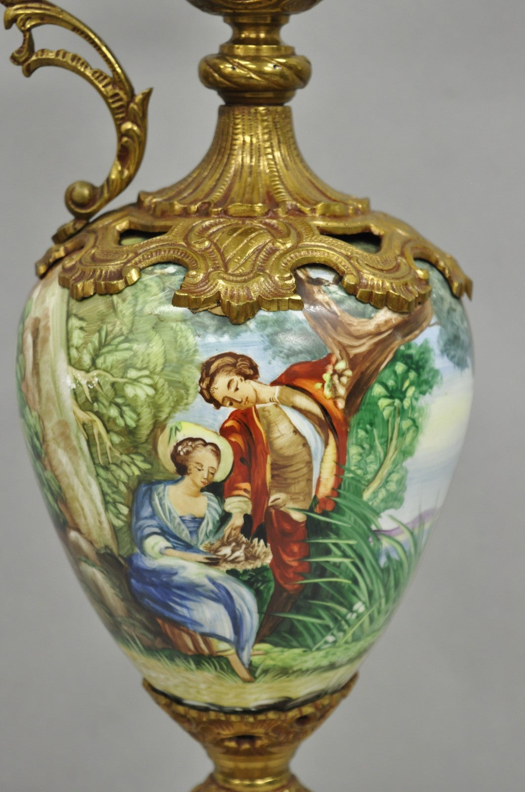 Vintage French Renaissance Style Painted Porcelain Urn Brass Ewer Table Lamp