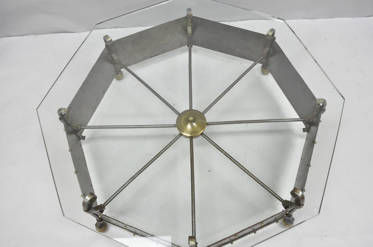Antique Gothic Spanish Renaissance Steel Brass Octagonal Glass Top Coffee Table