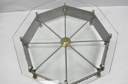 Antique Gothic Spanish Renaissance Steel Brass Octagonal Glass Top Coffee Table
