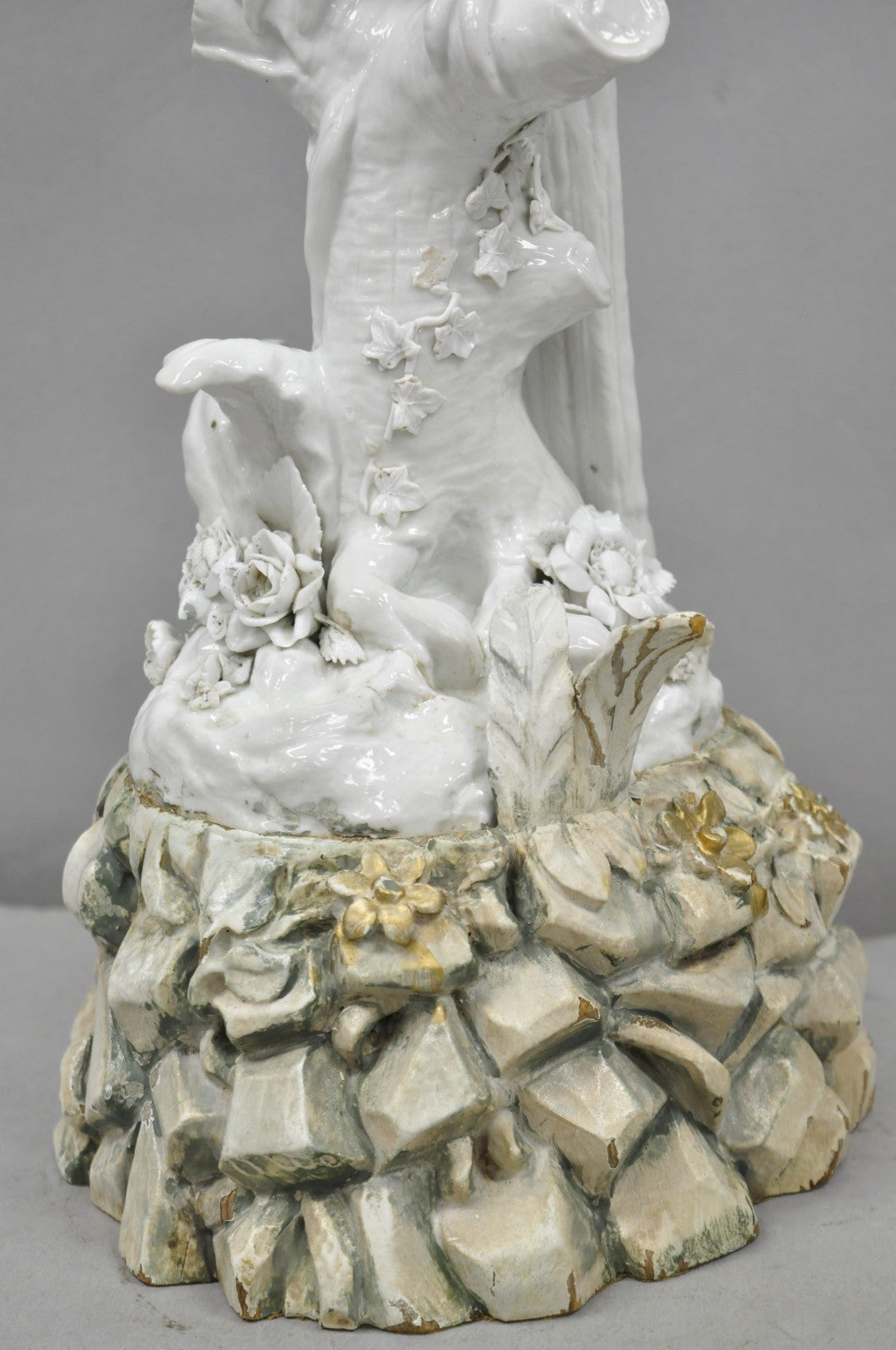 Antique Italian Blanc de Chine White Porcelain Perched Parrot Bird Table Lamp