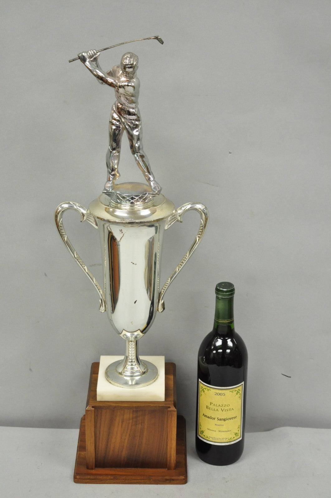 Vintage 1970s Art Deco Silver Metal Marble & Wood Figural Golf Trophy Award Cup
