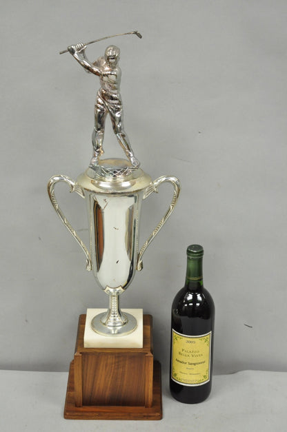 Vintage 1970s Art Deco Silver Metal Marble & Wood Figural Golf Trophy Award Cup