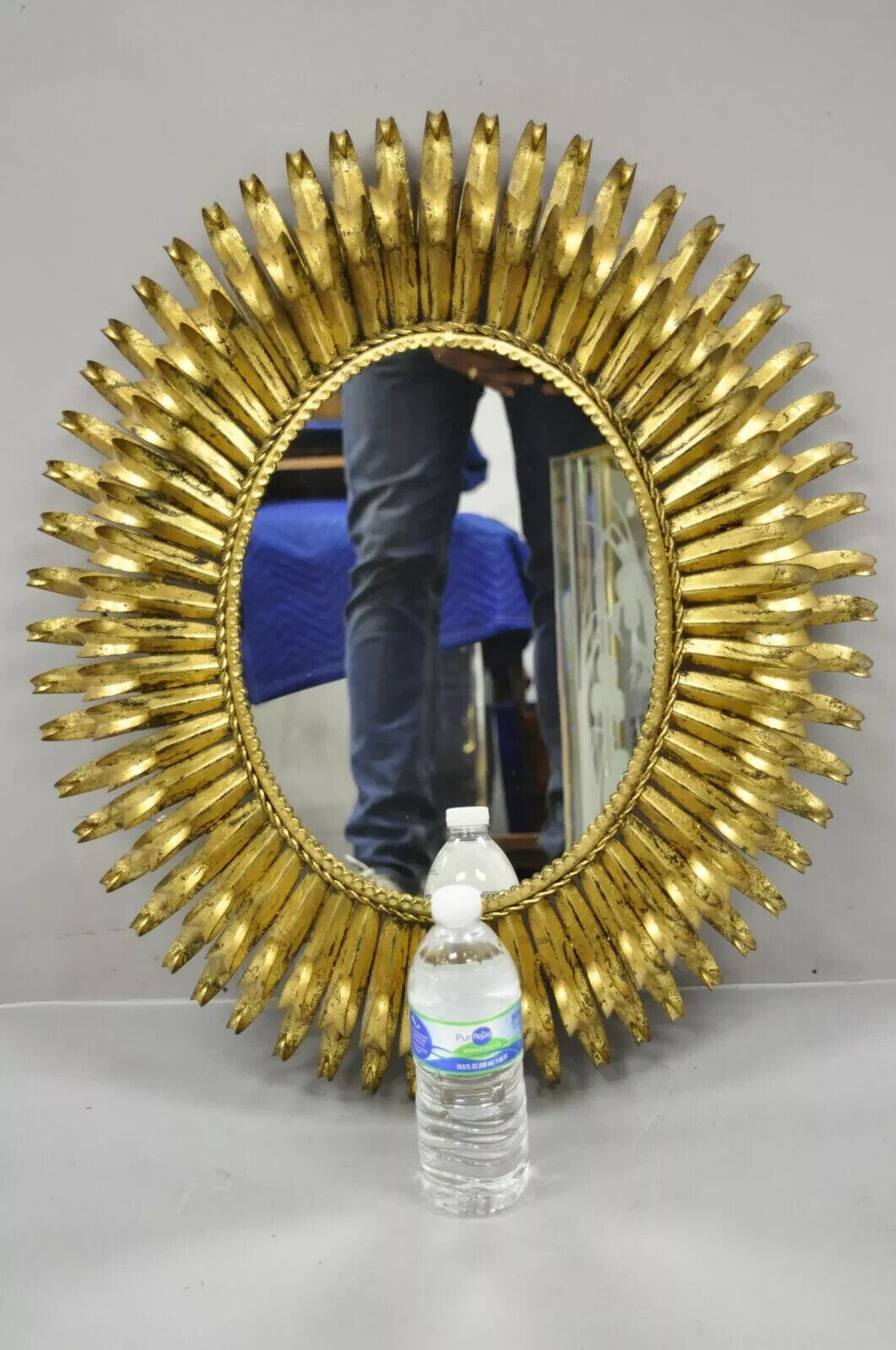 Vintage Italian Hollywood Regency Gold Gilt Iron 24" Oval Sunburst Wall Mirror