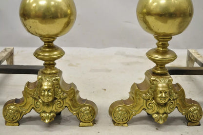 Vintage Beethoven Face French Rococo Brass Cannonball Fireplace Andirons - Pair