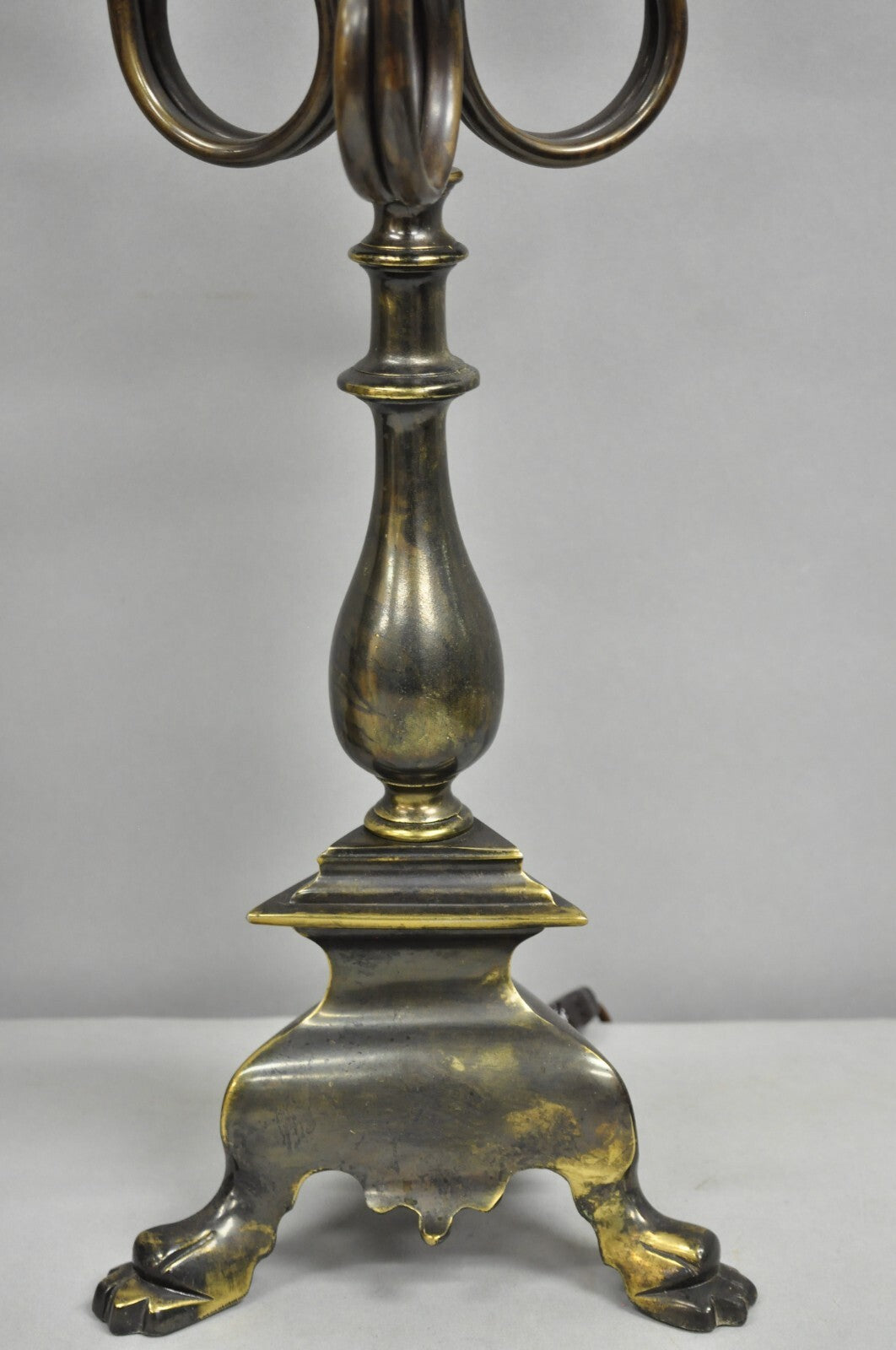 Frederick Cooper French Empire Brass Patina Trumpet Candelabra Table Lamp Pair