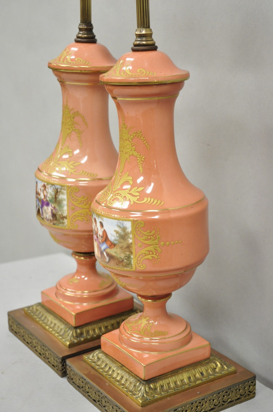 Antique French Victorian Paris Porcelain Coral Figural Painted Table Lamps, Pair