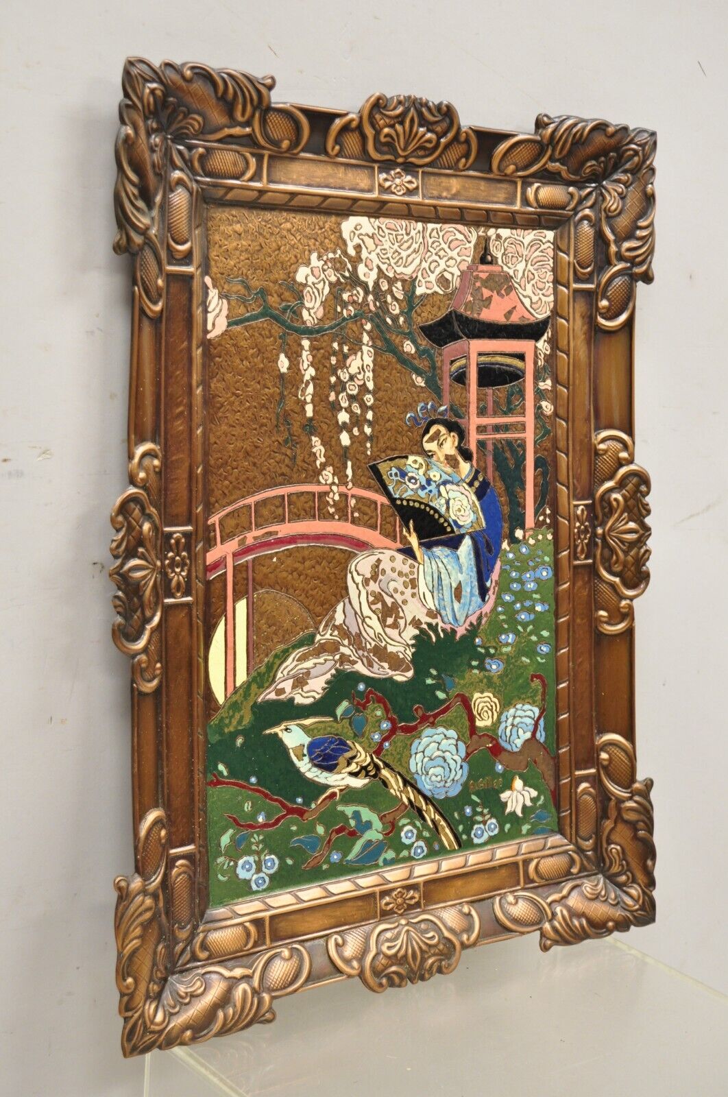 Vintage Painted Copper Metal Relief Art By A Gilles 26”x 20” Japanese Sakura