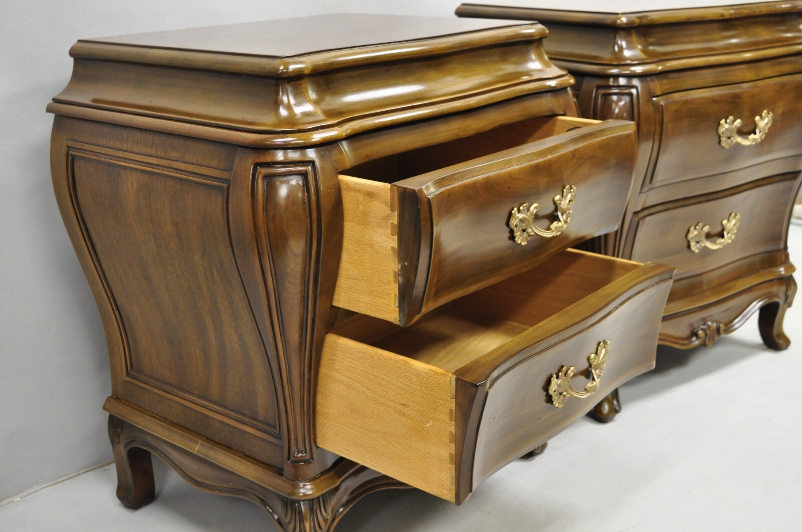 Karges French Louis XV Provincial Style Cherry Wood Bombe Nightstands - a Pair